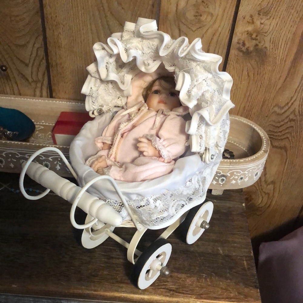 Vintage-Style Doll in White Lace Pram